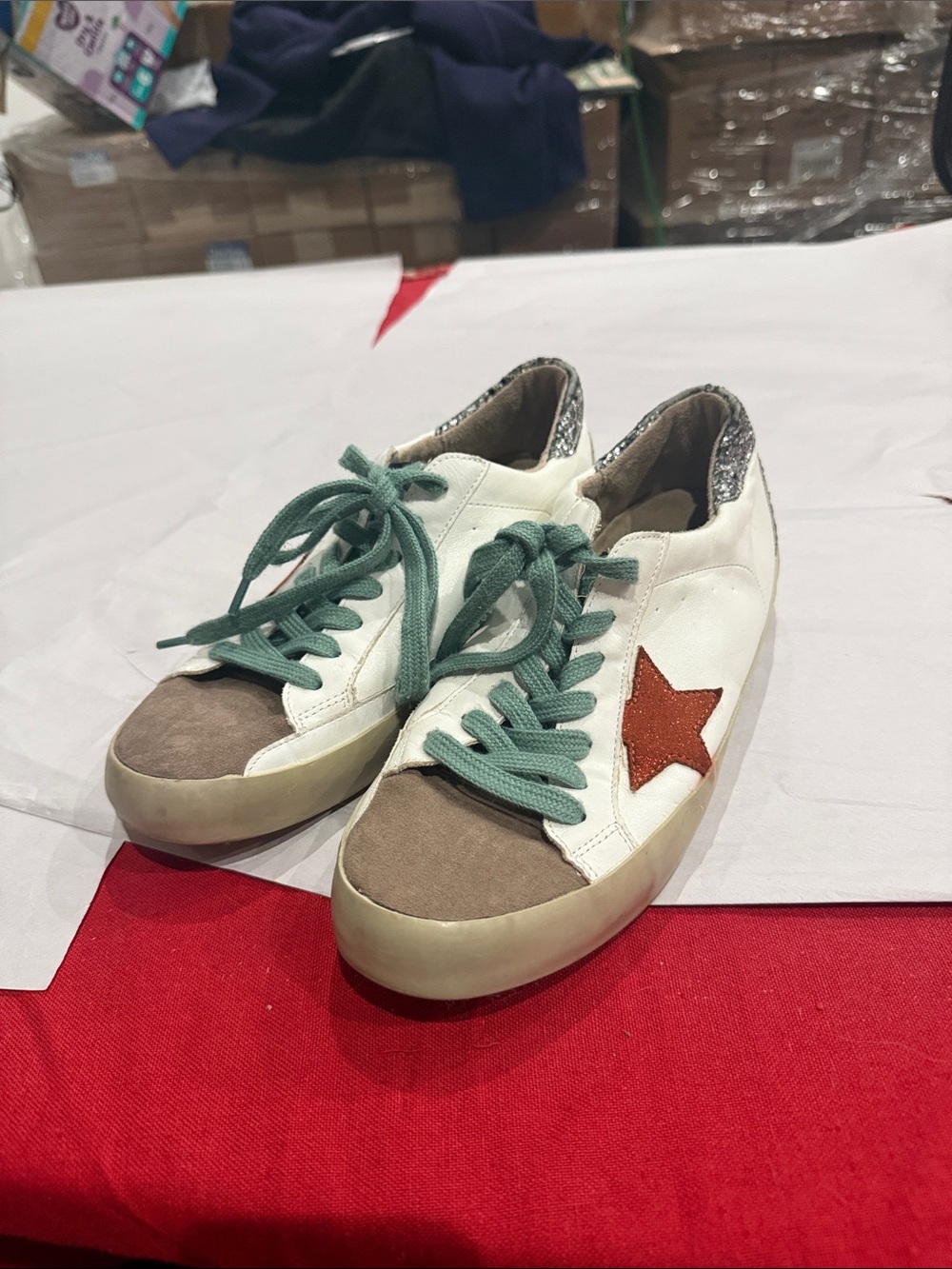 ShuShop White, Taupe & red Star Sneakers with Mint Laces - Picture 2 of 5
